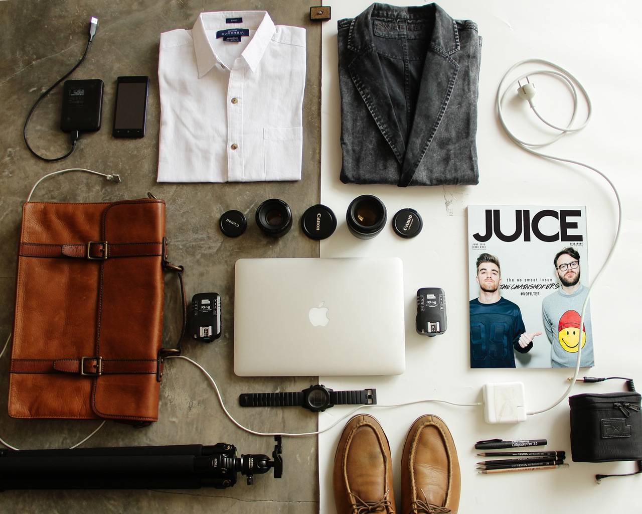 Interview items laid out for packing
