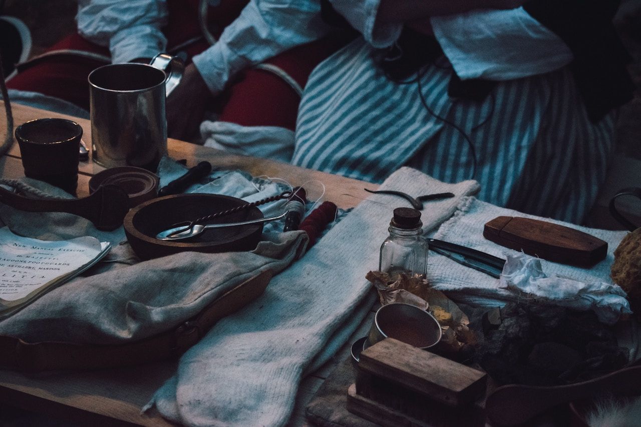 table with old medical tools