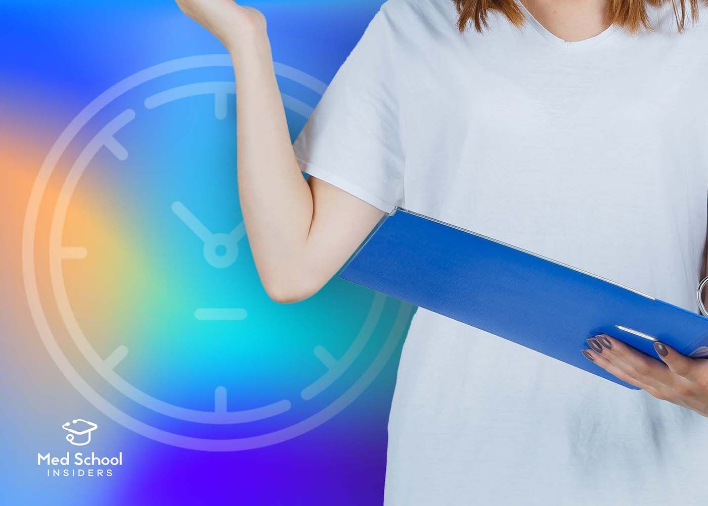 Student holding binder with clock icon in the background - MCAT Timing