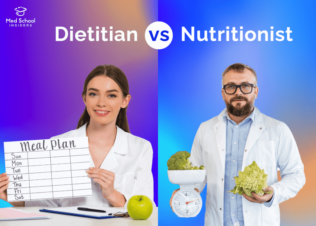 Dietitian vs Nutritionist - two people in white coats with meal plan schedule and vegetables