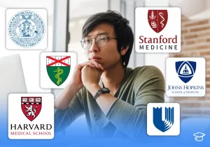 Thinking student. Logos of different medical schools surrounding him.
