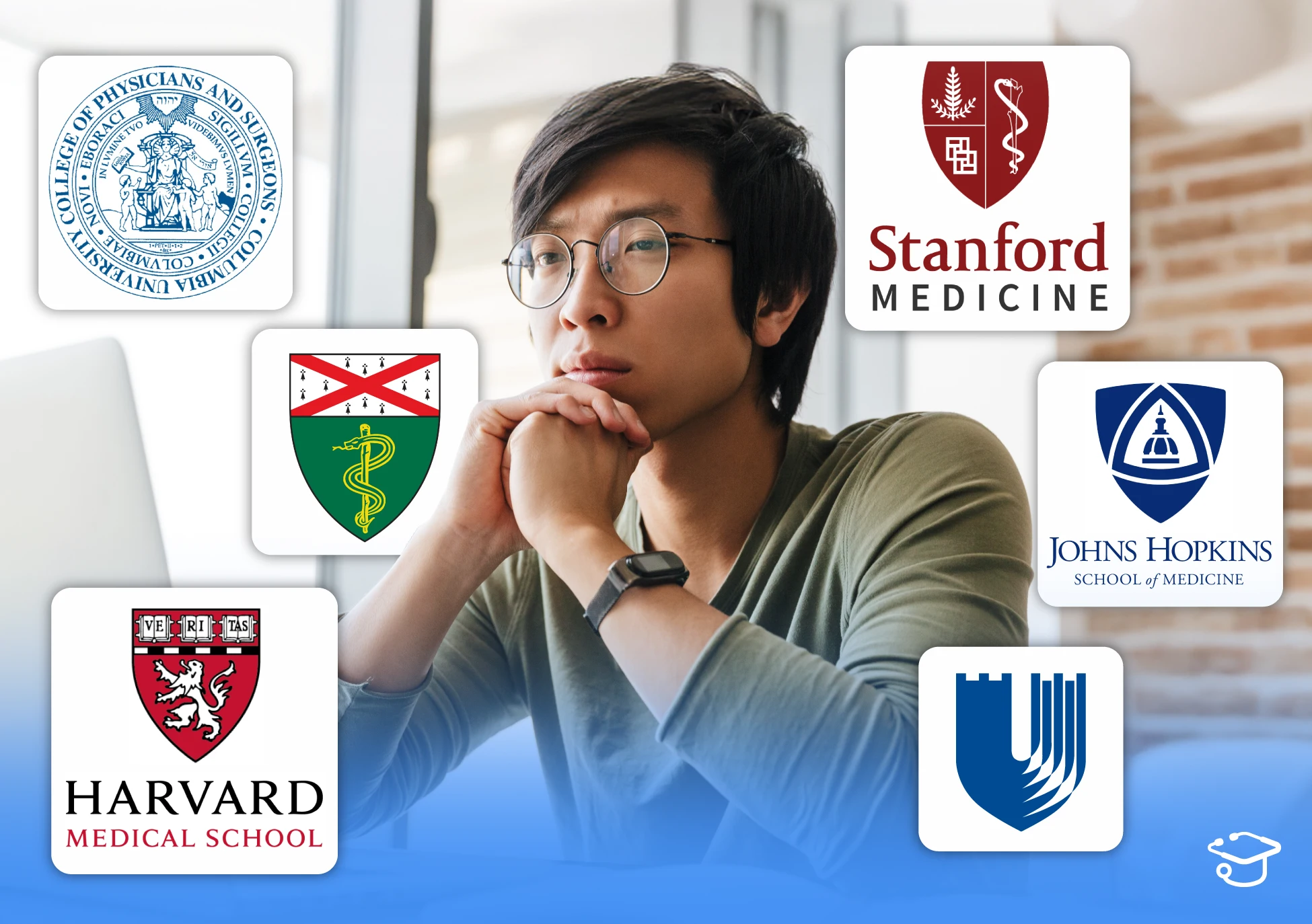 Thinking student. Logos of different medical schools surrounding him.