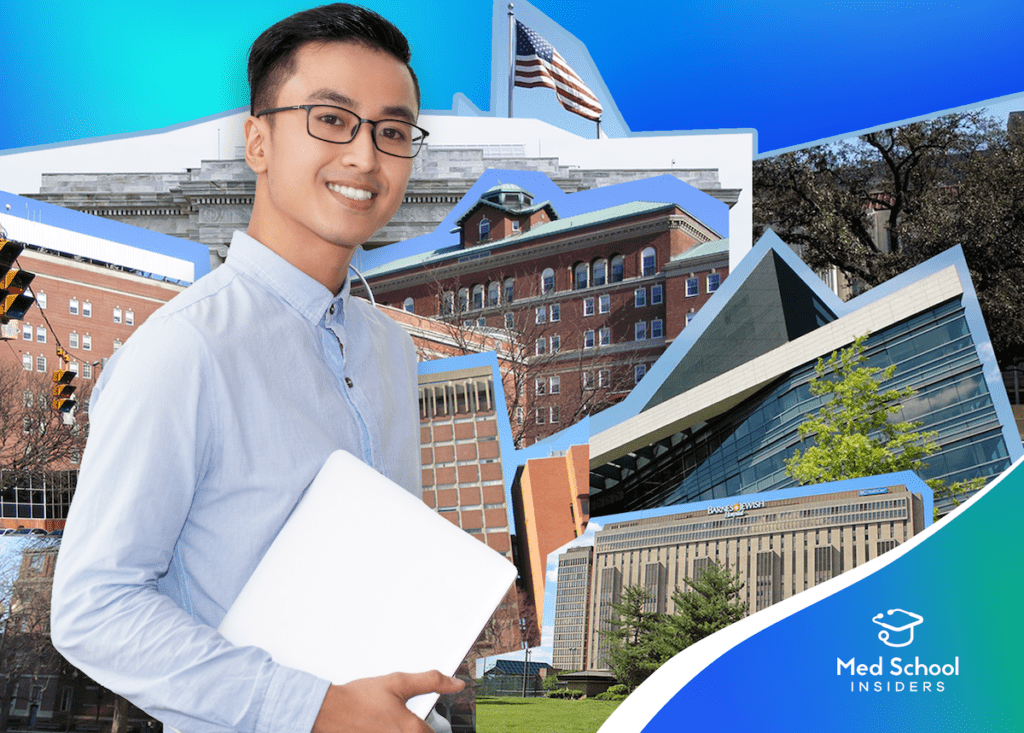 Mission Fit - Smiling student with collage of different medical schools in the background