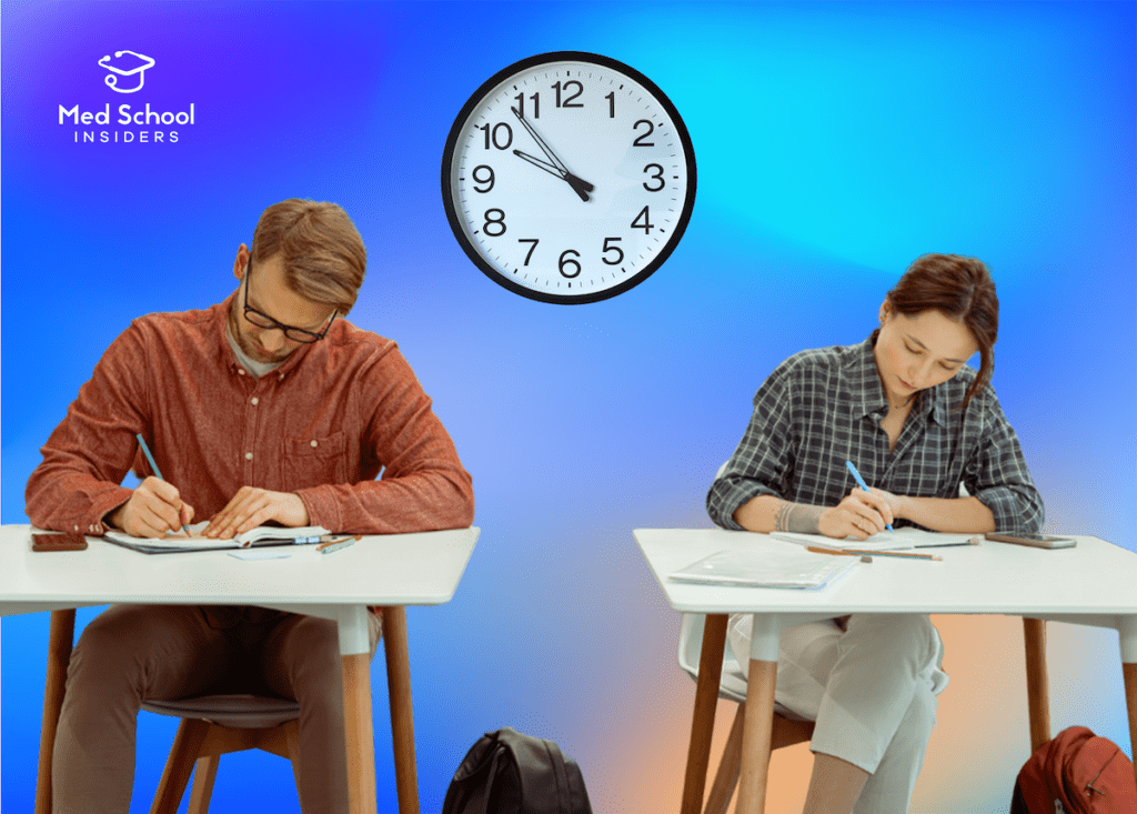Students taking an exam with a clock behind them
