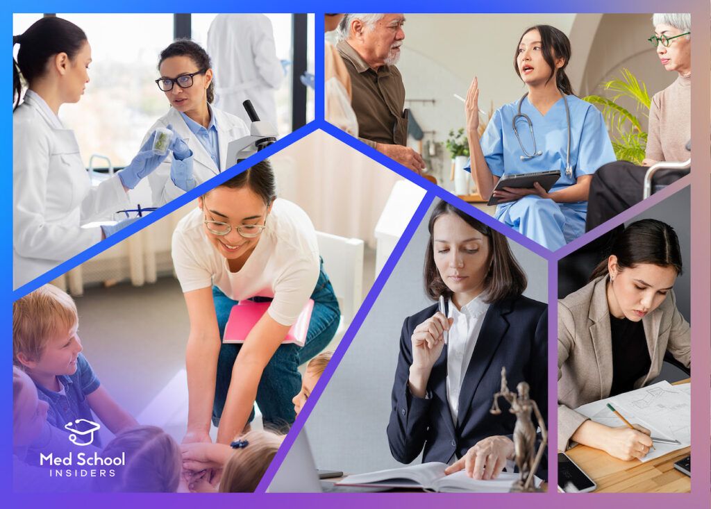 Collage of women working different jobs - careers that can transition into becoming a doctor