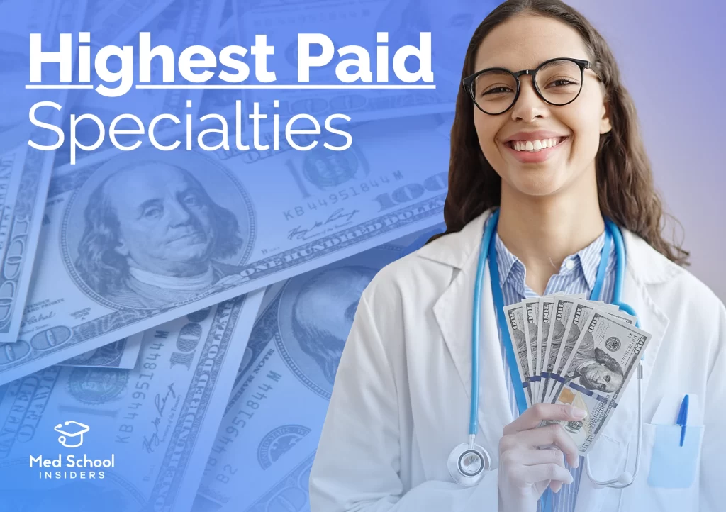 Highest Paid Specialties. Female doctor smiling, holding money in her hands