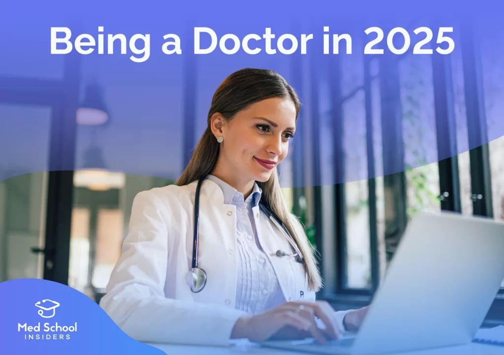 Doctor in a hospital setting typing, illustrating what being a doctor looks like in 2026