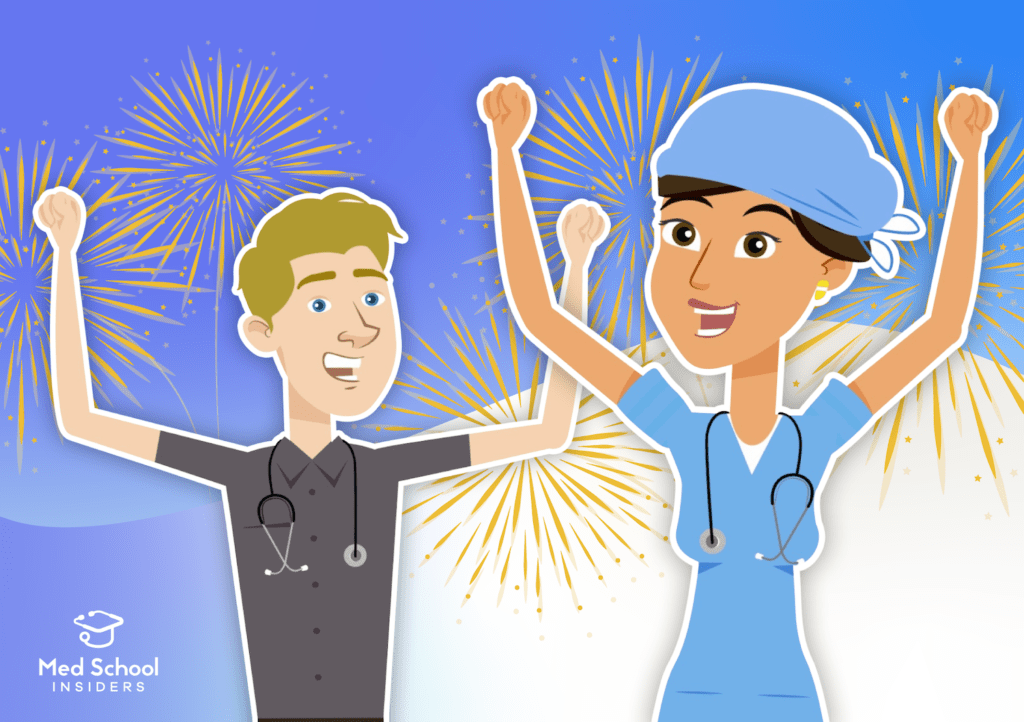 Happy Doctors cheering with fireworks behind - Best time to be a doctor