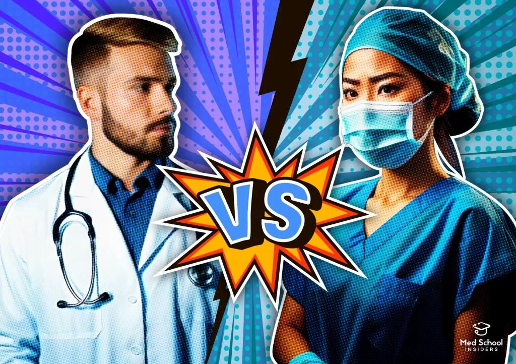Career Battle. Doctor vs Surgeon. Cartoon comic Style.