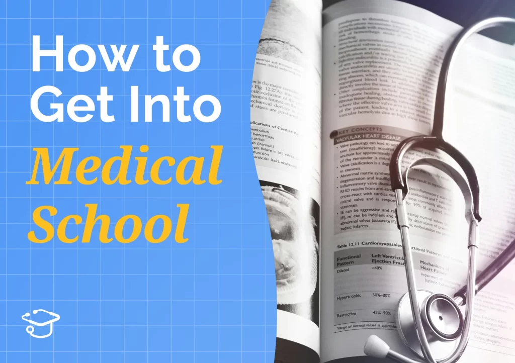 How to get into medical school graphic with a stethoscope resting on an open medical textbook