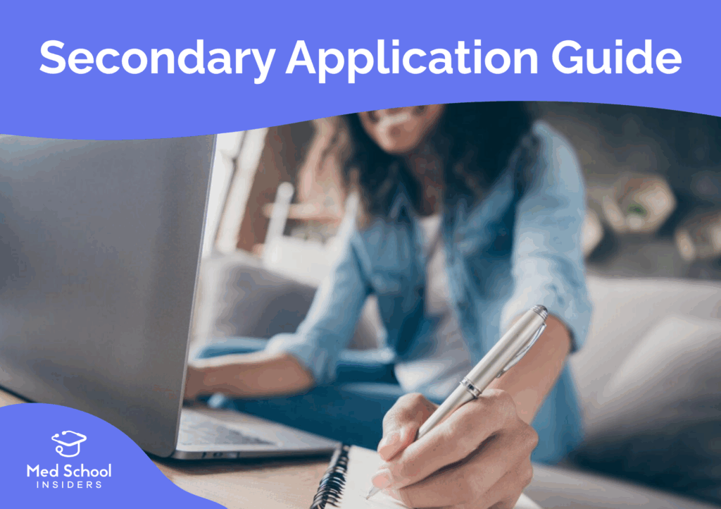 Premed student writing medical school secondary application essays on laptop with notebook and pen