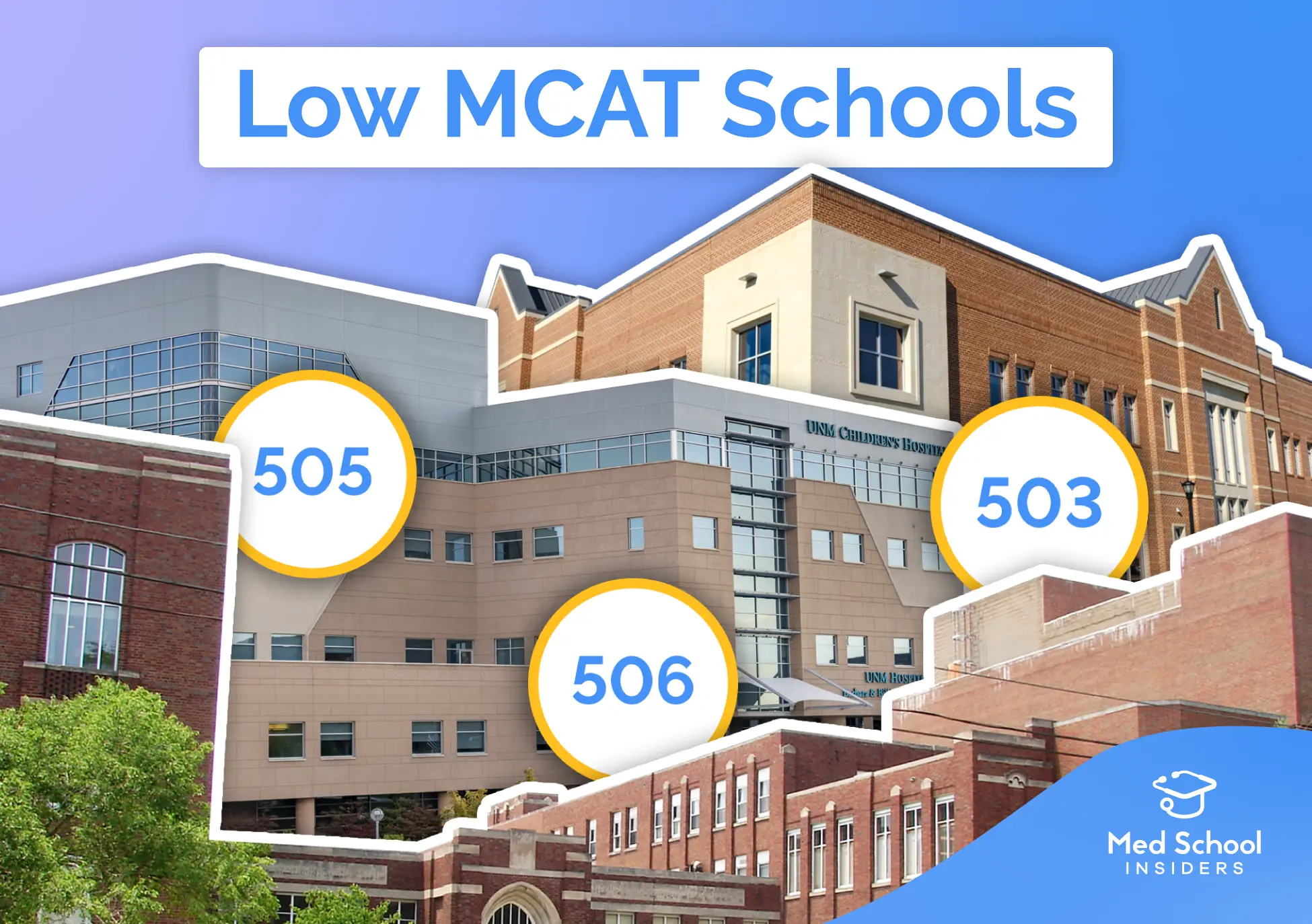 Low MCAT Schools. Image with different medical school photos and MCAT scores.