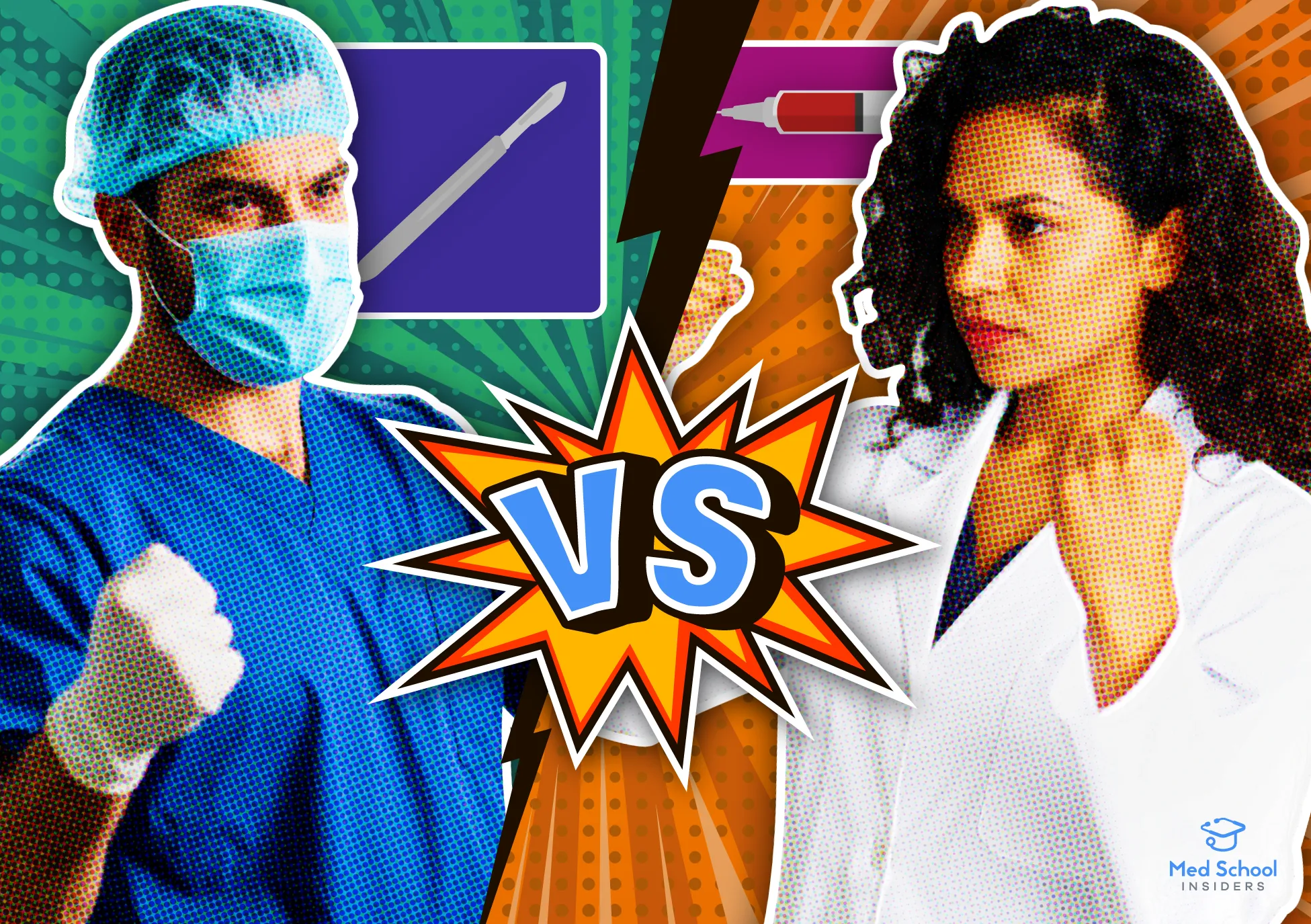 Career Battle. Plastic surgeon vs cosmetic surgeon. Cartoon comic Style.