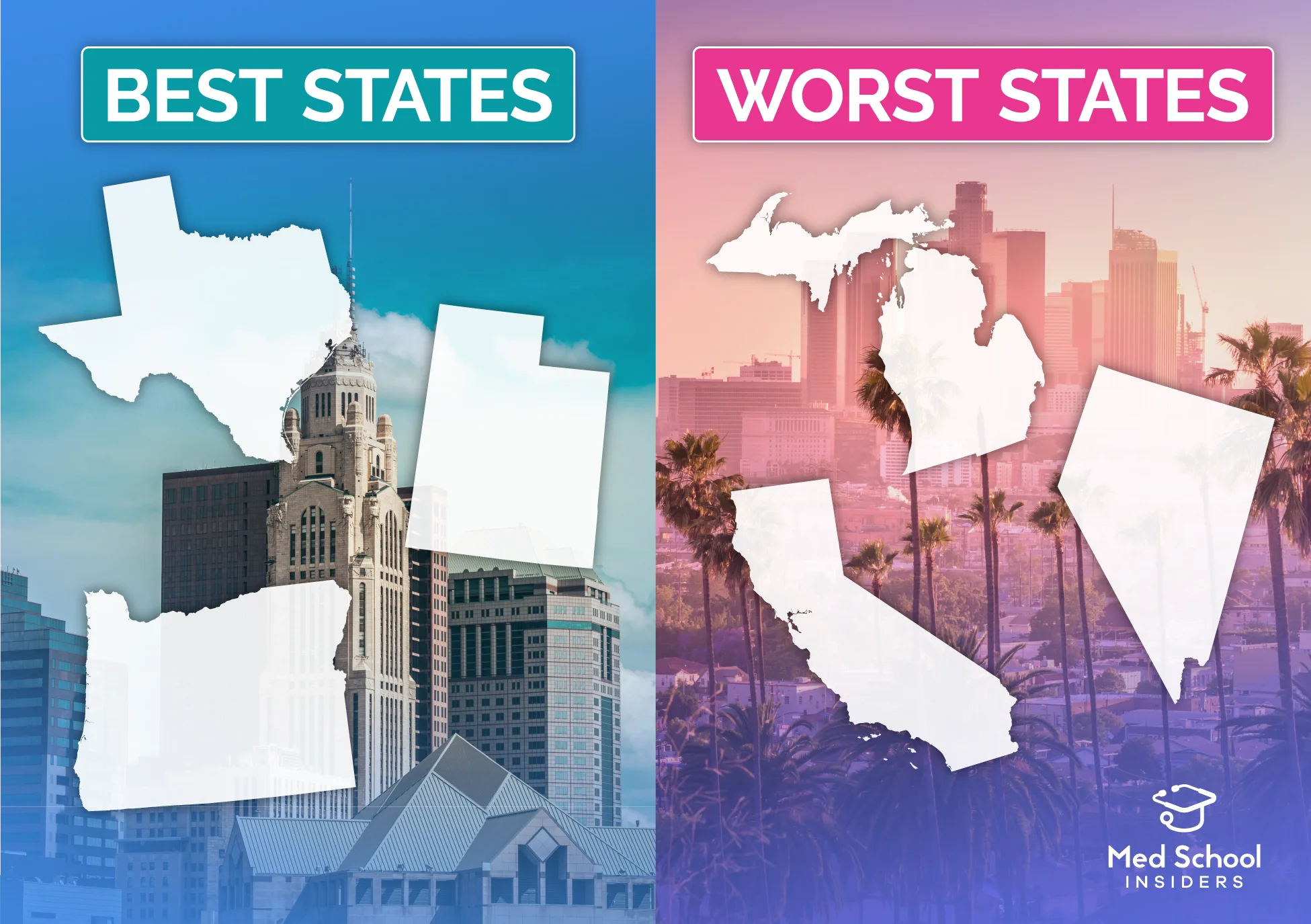 Best and worst states to practice medicine. Image showing silhouettes of different states
