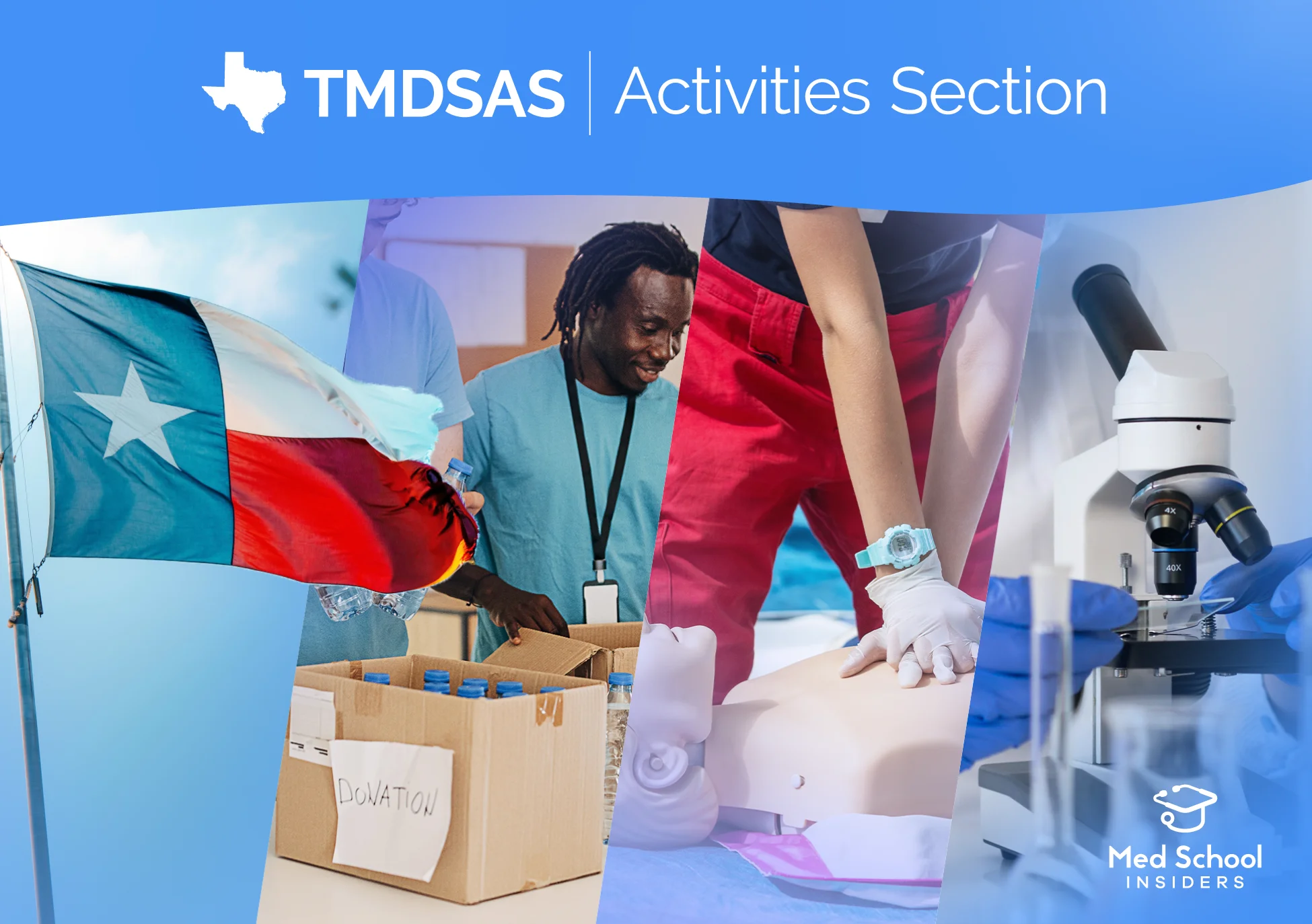 TMDSAS - Activities section. Texas flag, volunteers, CPR training and medical research