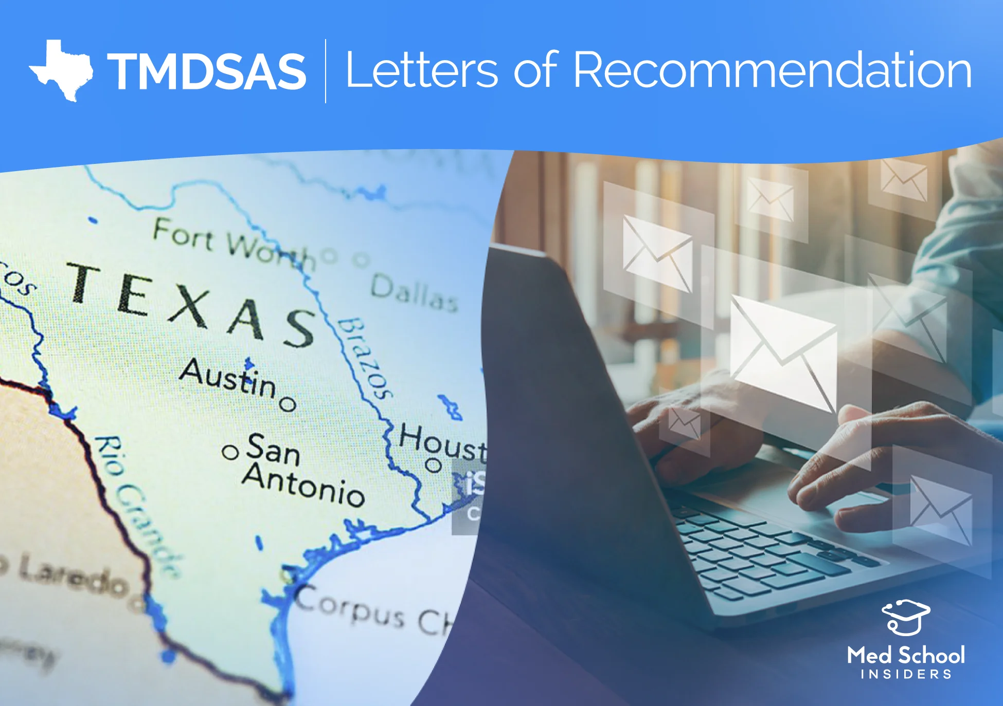 TMDSAS - Letters of Recommendation. Texas map and computer with envelopes.