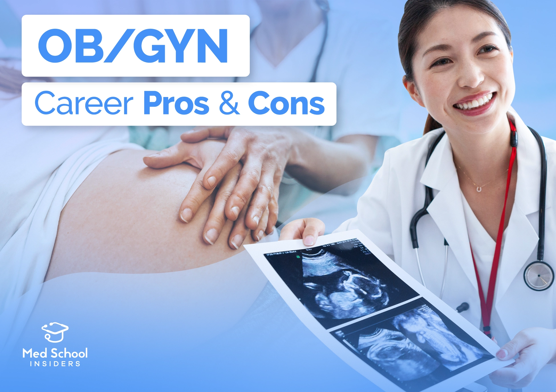 OBGYN showing an ultrasound. Pregnant woman as a background.