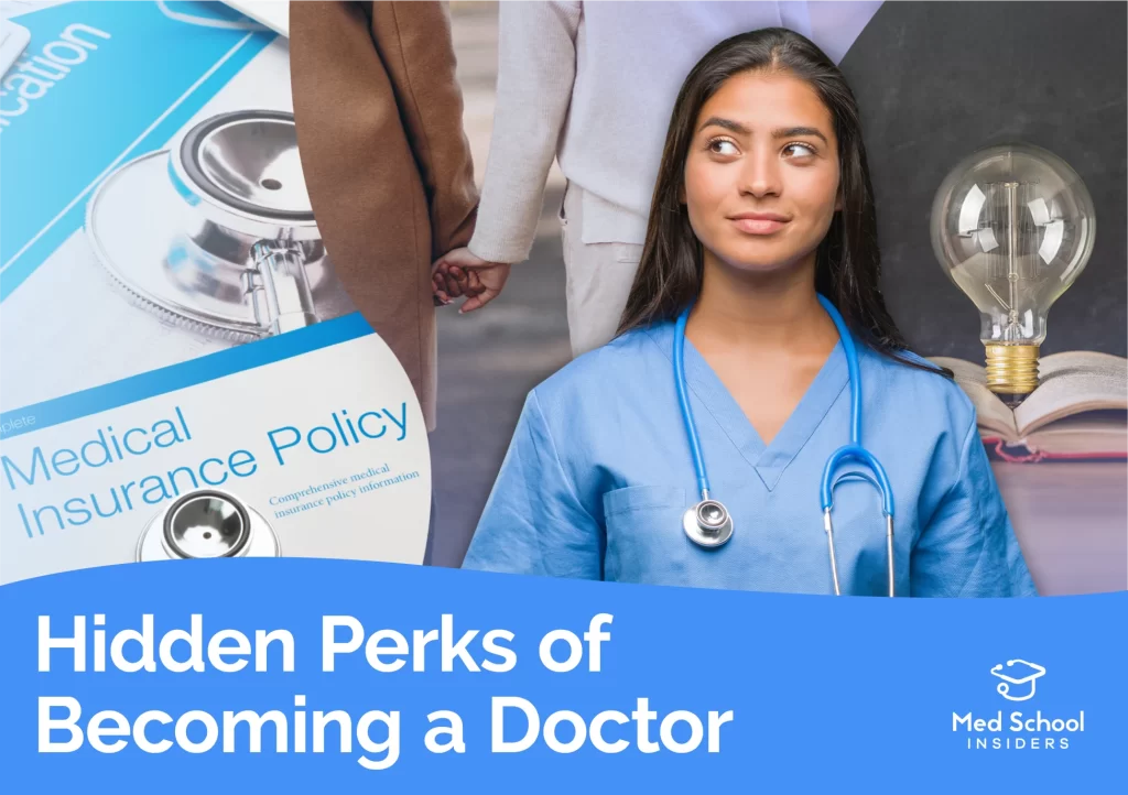 Hidden perks of becoming a doctor. Female doctor thinking, with three pictures behind her: insurance papers, a couple holding hands and a book with a lightbulb