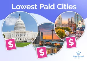 Lowest paid doctor cities. Three city photographs, left to right: Washington DC. San Antonio, Texas. Boston, Massachussets