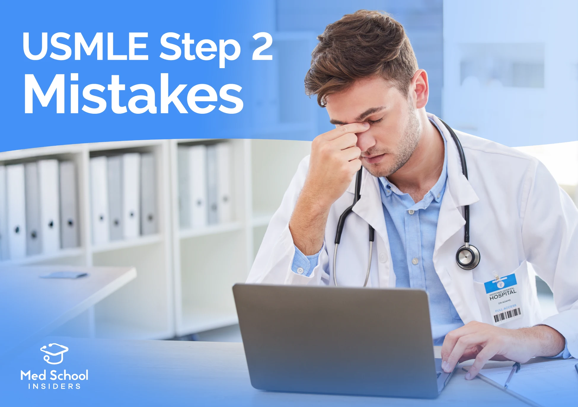 USMLE Step 2. Frustrated male doctor looking at his computer.