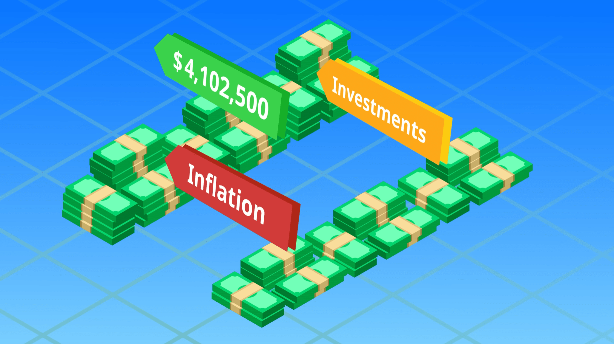 Cash and arrows with text stating inflation, investments
