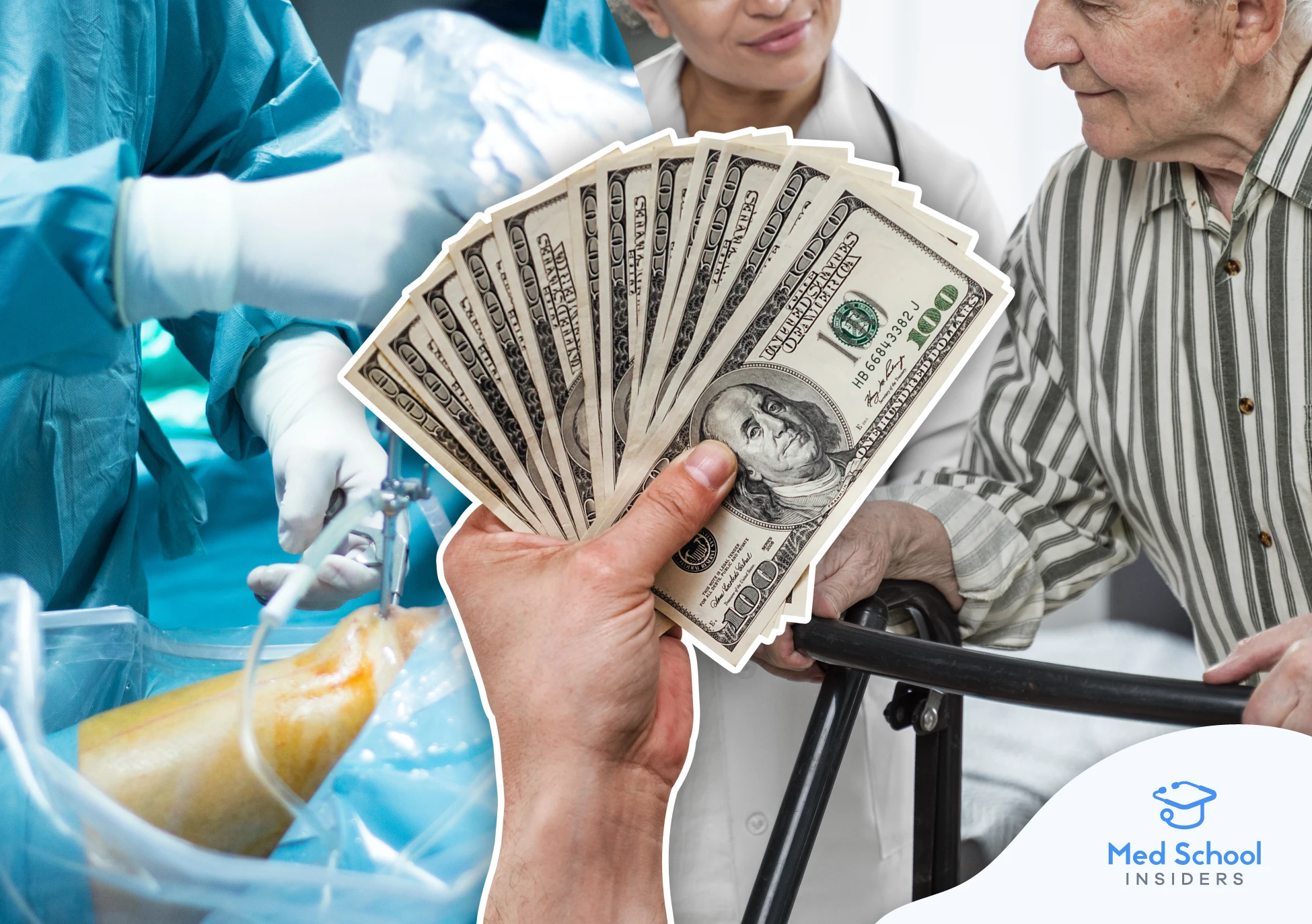 In the background an orthopedic surgeon and a geriatric doctor with a patient. Over them is a hand holding money.