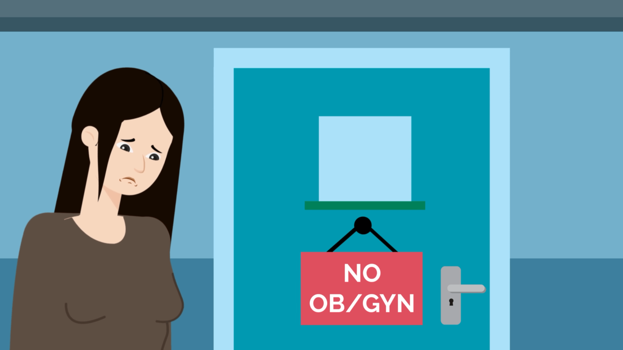 Sad woman standing outside a door with a sign saying "NO OB/GYN"