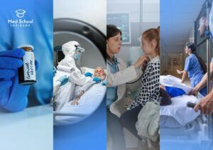 Composite image representing emergency medicine subspecialties, featuring critical care, pediatric emergency medicine, vaccination, and emergency patient transport in a hospital setting.