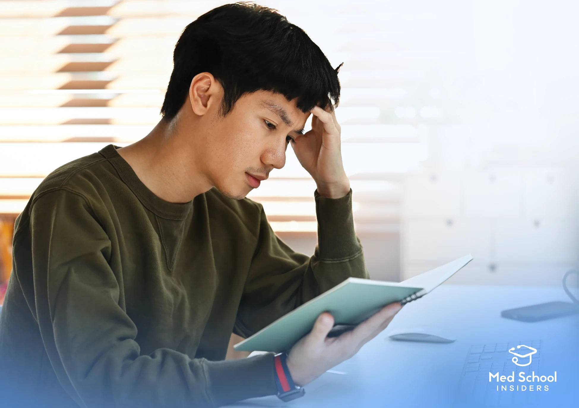 College student reading and studying at a desk while preparing for medical school applications