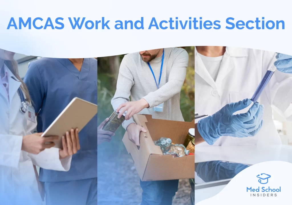 Medical professionals, a volunteer distributing food donations, and a researcher in a lab representing clinical work, service, and research experiences for the AMCAS Work and Activities section.