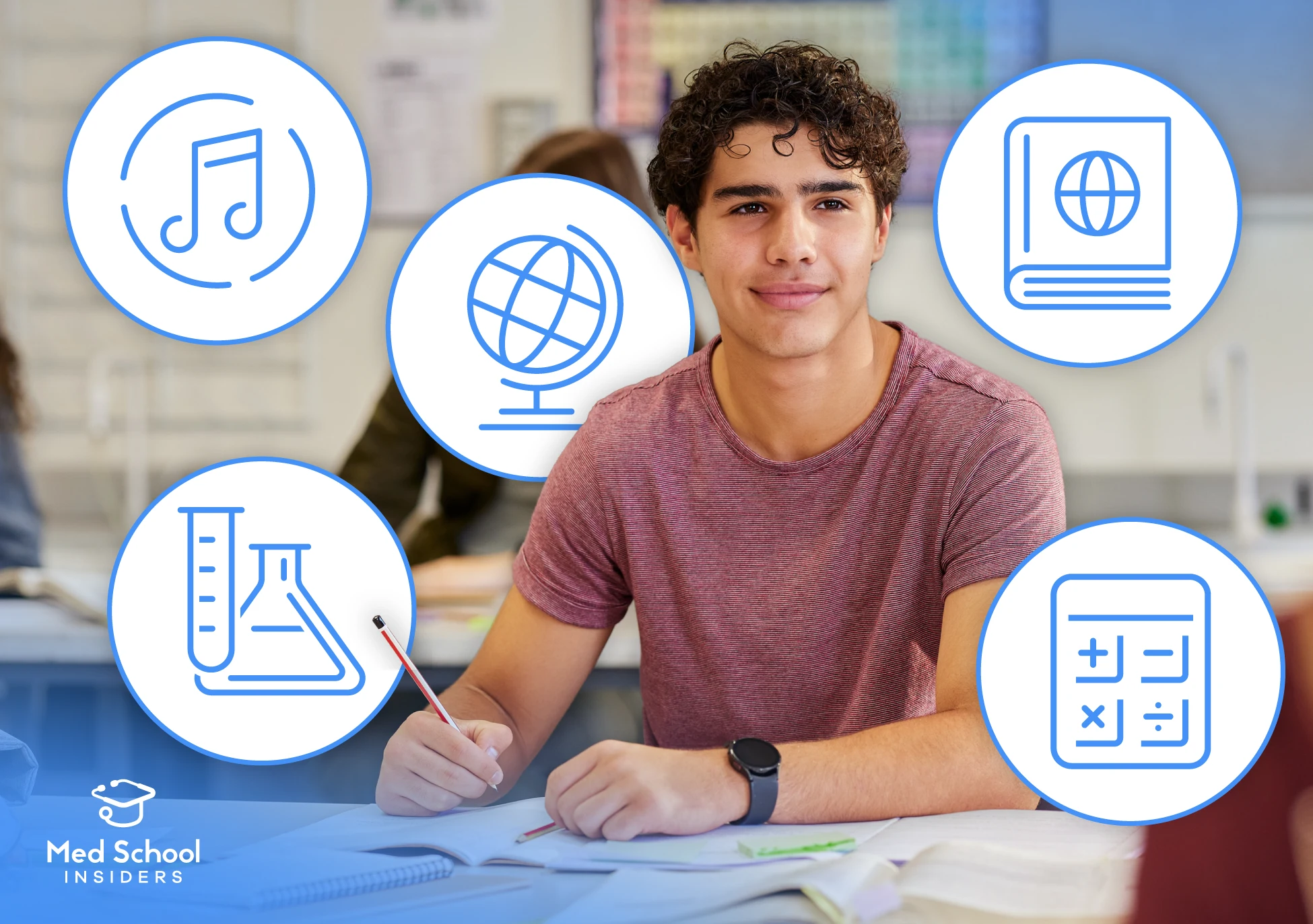 A premed student in a classroom surrounded by icons representing different possible majors, including science, math, music, and language.