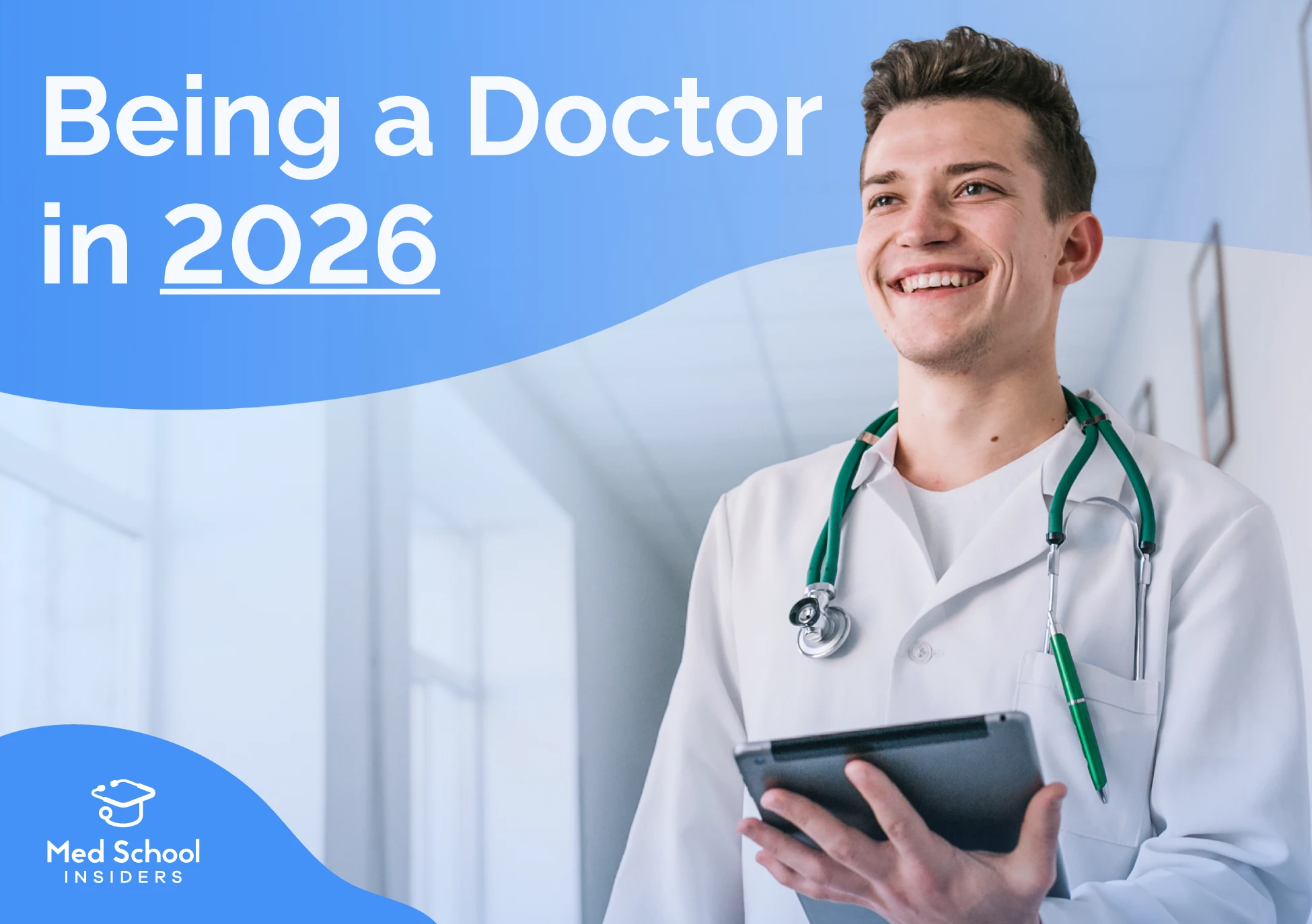 Doctor in a hospital setting holding a tablet, illustrating what being a doctor looks like in 2026