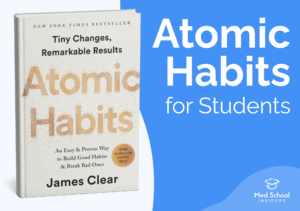 Atomic Habits book by James Clear with text “Atomic Habits for Students,” highlighting habit building and productivity for academic success