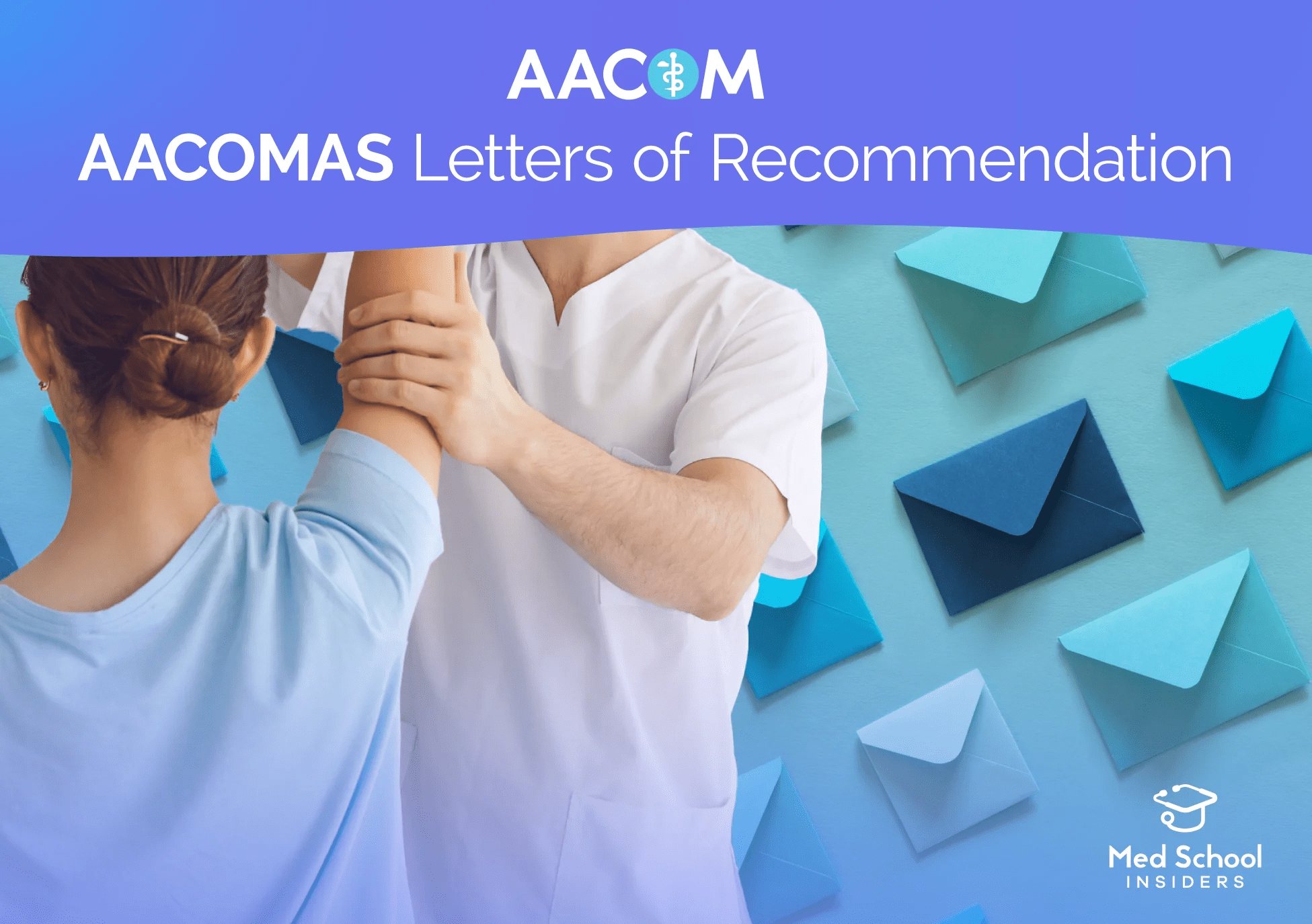 Healthcare professionals interacting with envelopes representing submission of letters of recommendation through AACOMAS