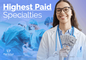 Highest Paid Specialties. Female doctor smiling, holding money in her hands