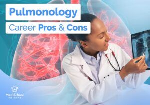 Pulmonologist reviewing a chest X-ray with lungs highlighted in the background, illustrating the pros and cons of a career in pulmonology.