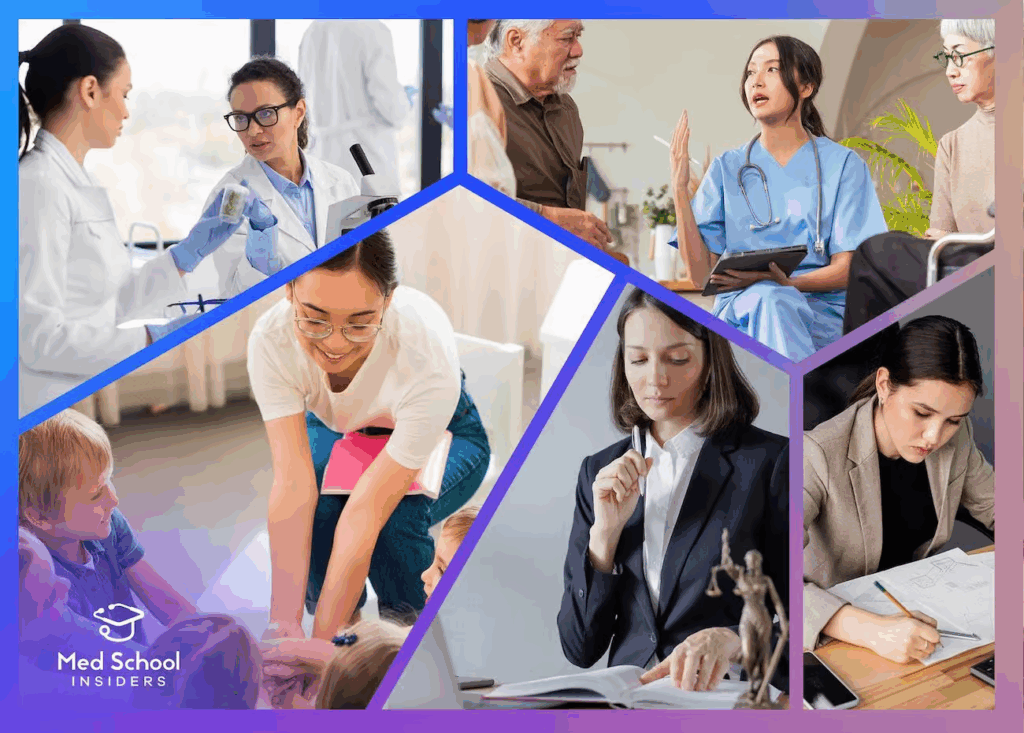Collage of women working in various professions, illustrating different career paths that can transition into becoming a doctor.