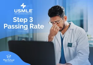 Doctor in a white coat reviewing results on a laptop with text reading “USMLE Step 3 Passing Rate,” representing Step 3 exam statistics and performance data.