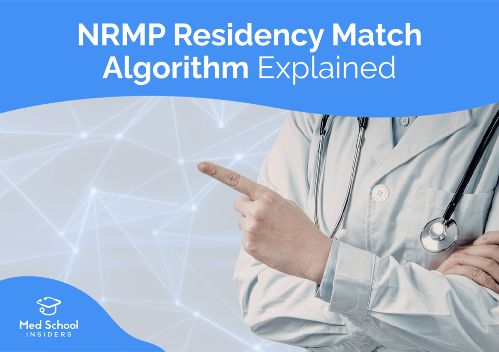 Doctor in a white coat pointing toward a network-style graphic representing the NRMP residency Match algorithm and how applicants are matched to programs.