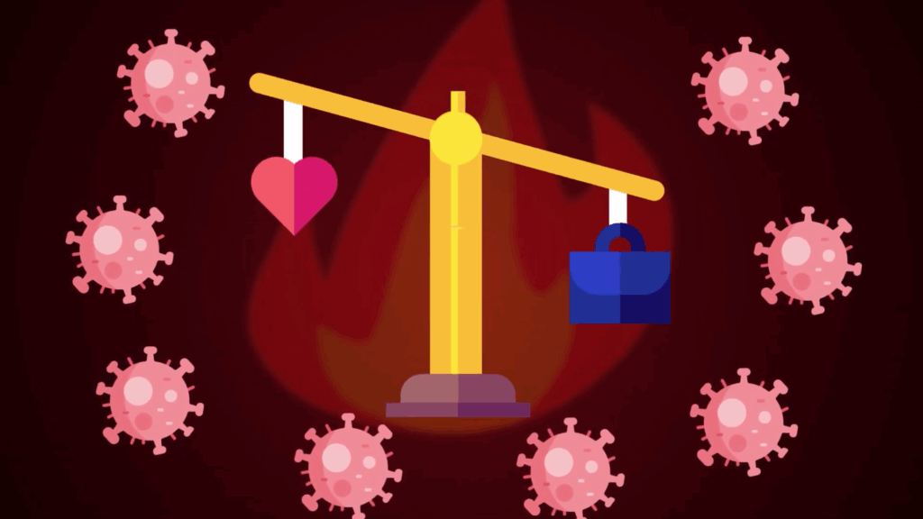 Illustration representing work-life balance, showing a scale with a heart on one side and a briefcase on the other