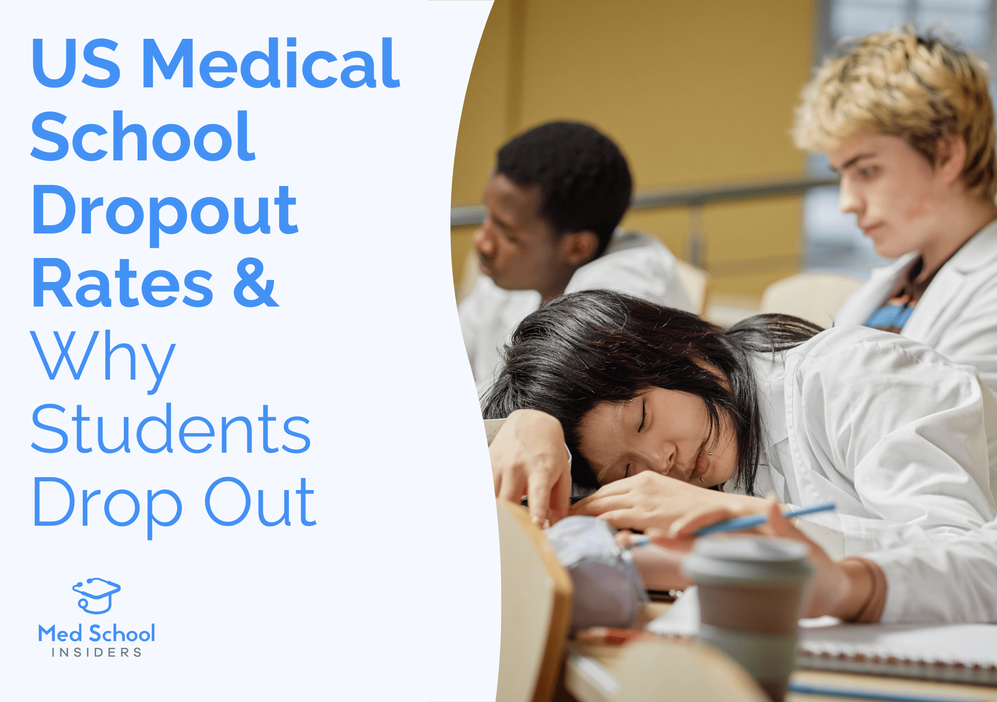 Medical student asleep at a lecture desk while other students study, representing burnout and factors contributing to medical school dropout rates.