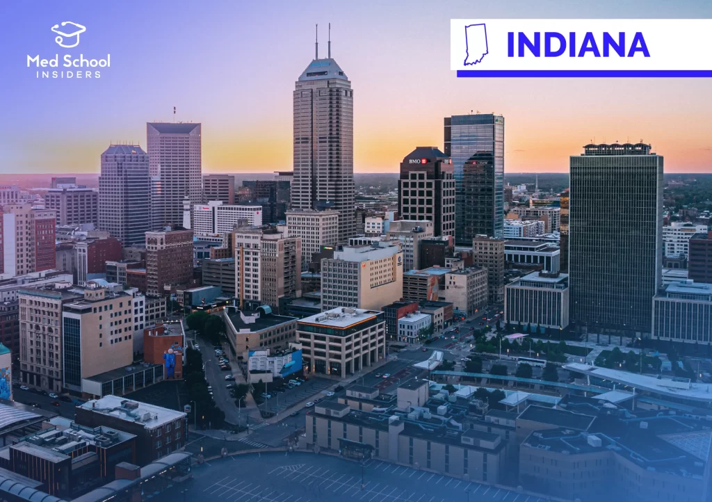 Indianapolis skyline at sunset featuring downtown skyscrapers near the Indiana University School of Medicine main campus