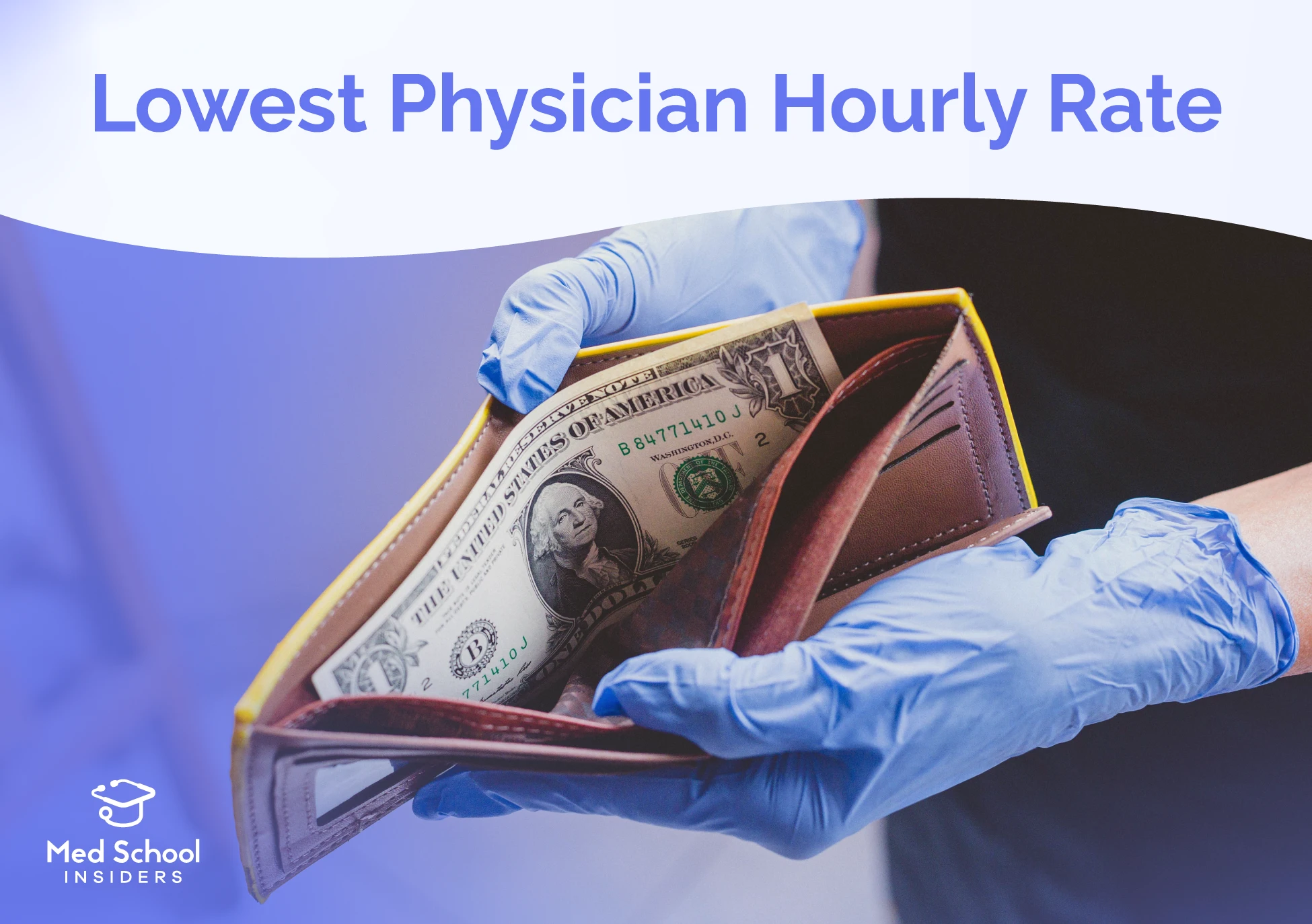 A pair of gloved medical hands holding open a wallet containing a US dollar bill, with the title 'Lowest Physician Hourly Rate' displayed above, from Med School Insiders