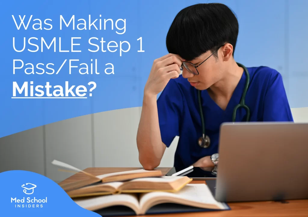 Medical student studying late at night for USMLE Step 1 with handbook on desk under blue lighting, preparing intensely for medical board exams
