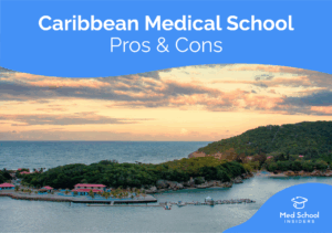 Tropical island coastline representing Caribbean medical schools, used to illustrate the pros and cons of attending medical school in the Caribbean.