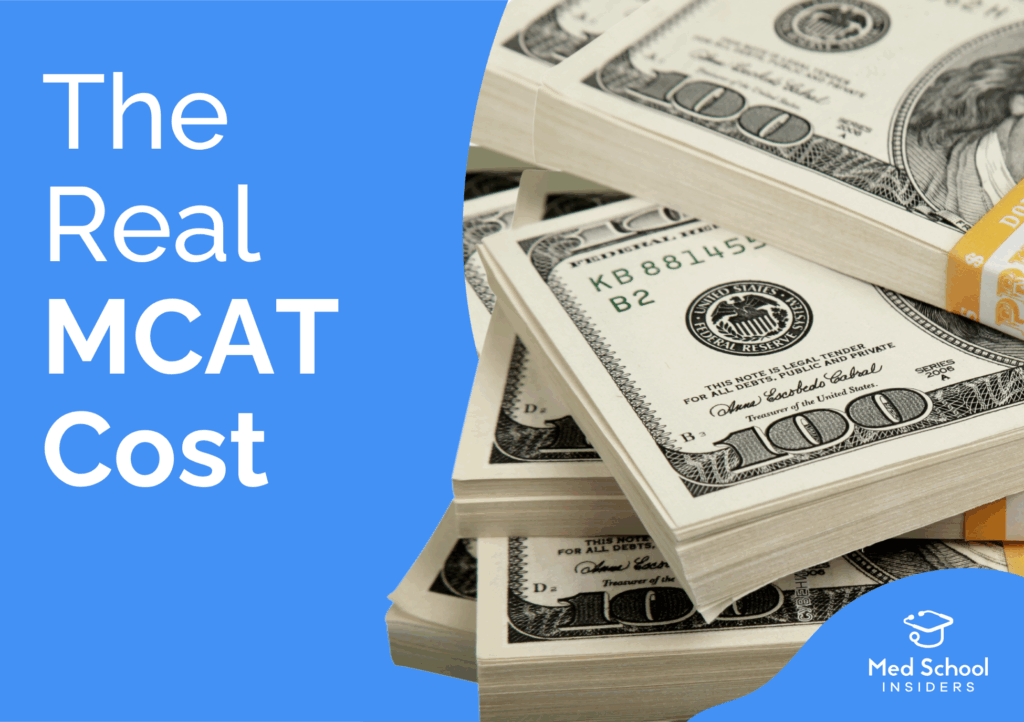 Stacks of US dollar bills with text “The Real MCAT Cost” illustrating the true cost of taking the MCAT including registration, prep, and related expenses