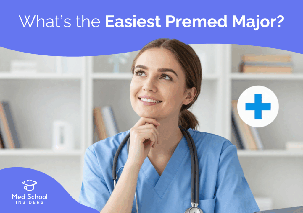Premed student in scrubs thinking about academic choices, representing how to choose the easiest premed major.