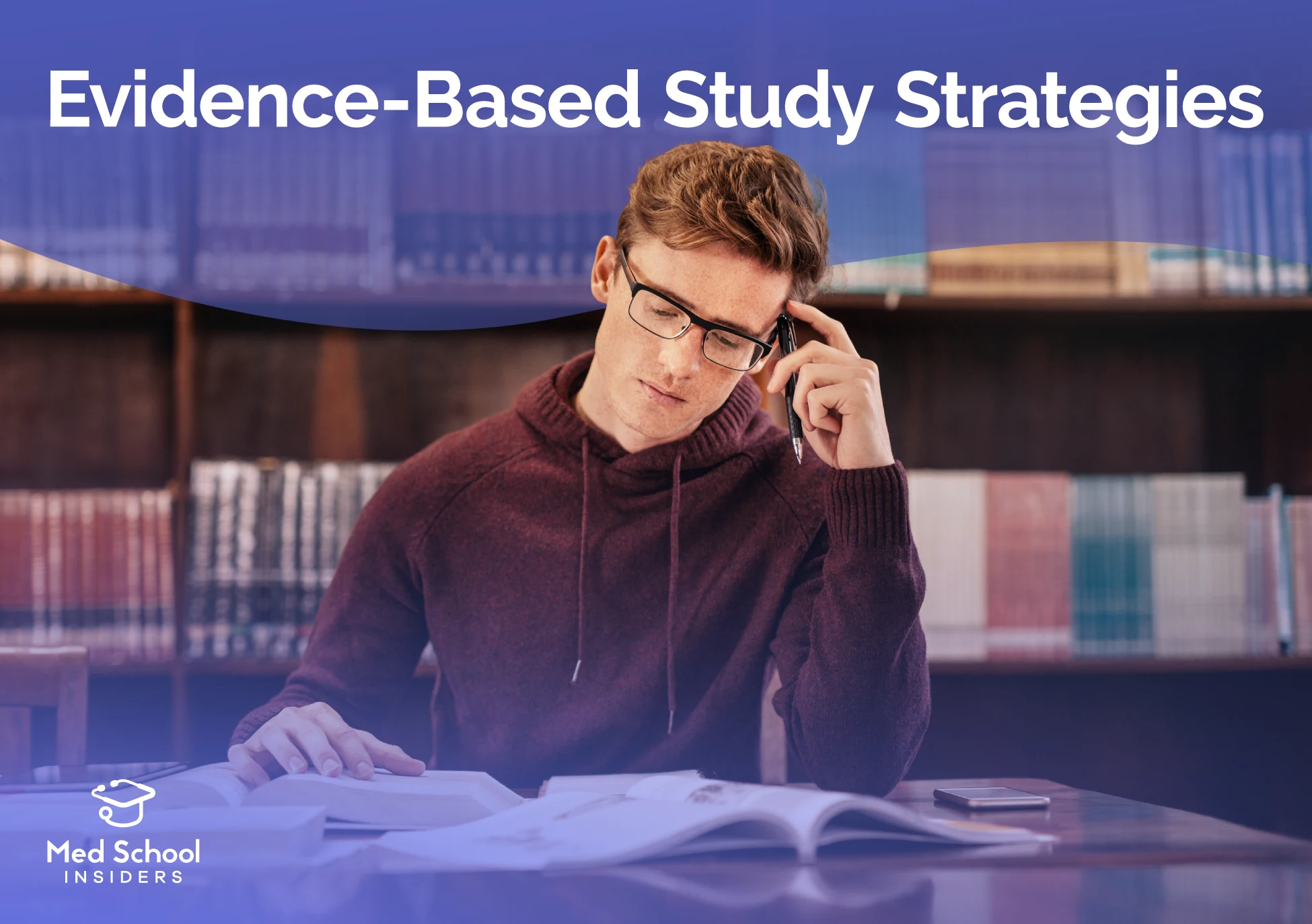 A focused student studying open textbooks in a library while applying evidence-based study strategies.