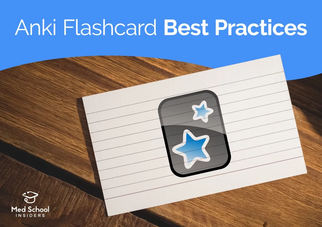 A lined index card displaying the Anki app icon resting on a wooden surface, beneath the text 'Anki Flashcard Best Practices.' Med School Insiders logo in the bottom left corner