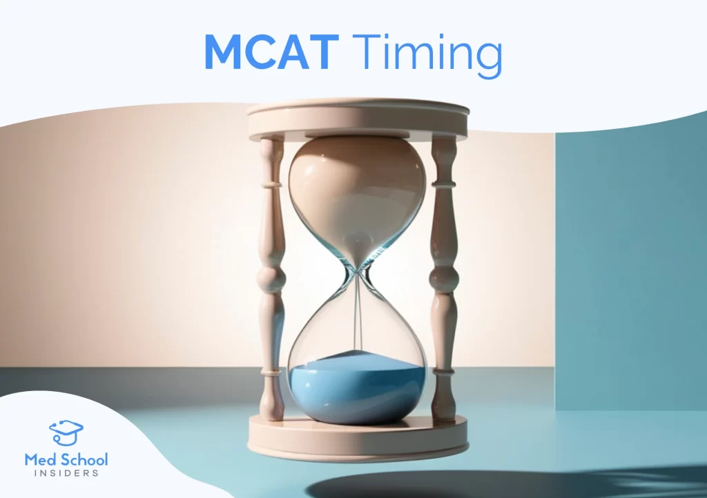 A 3D-rendered hourglass with blue sand against a soft beige and teal background, beneath the text 'MCAT Timing.' Med School Insiders logo in the bottom left corner.
